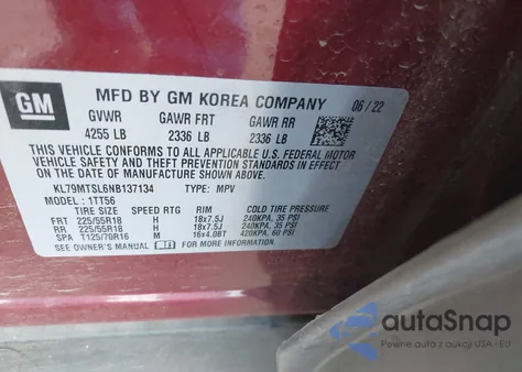 2022 Chevrolet Trailblazer Fwd Rs z USA, uszkodzony, nr VIN KL79MTSL6NB137134